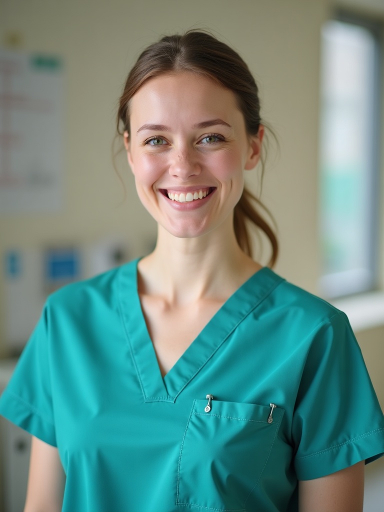 A smiling nurse with a brown ponytail wearing teal scrubs in a hospital corridor.