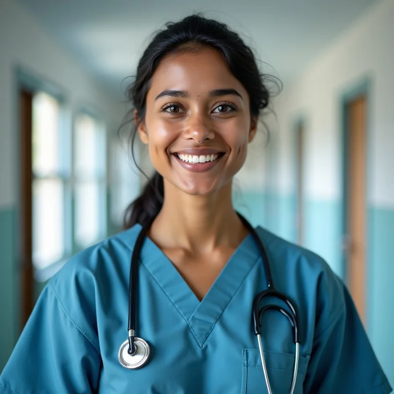 A nurse in blue scrubs in a bright hospital corridor.