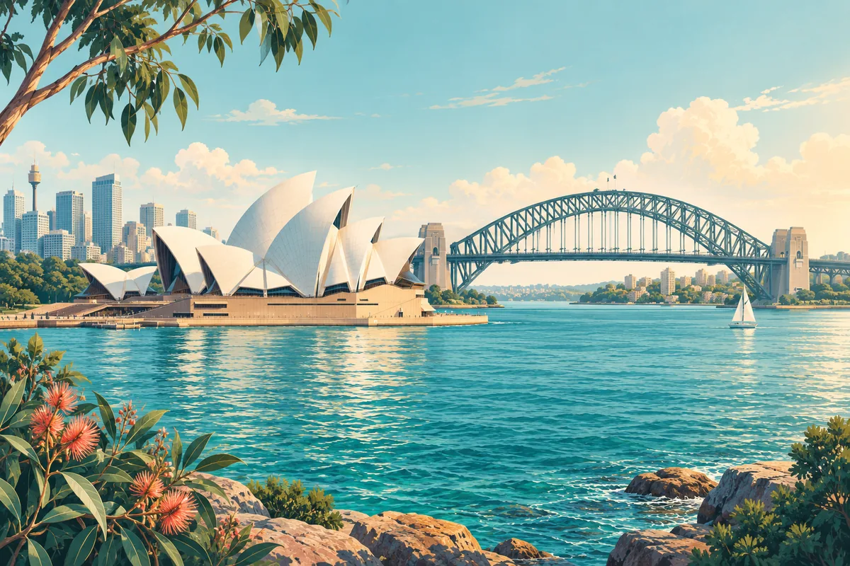 Symbolic illustration of Sydney's Opera House and Harbour Bridge beside blue harbour water, representing Australia