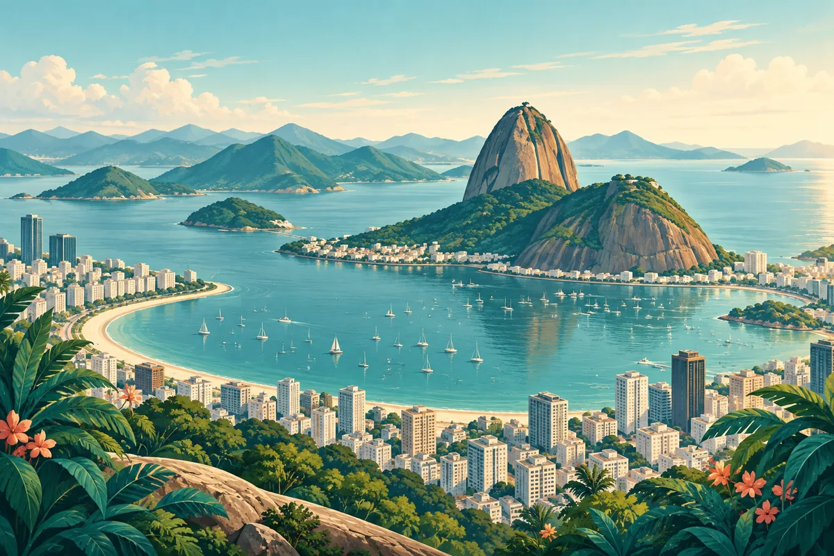 Symbolic illustration of Rio de Janeiro's Sugarloaf Mountain and curved coastal bay, representing Brazil