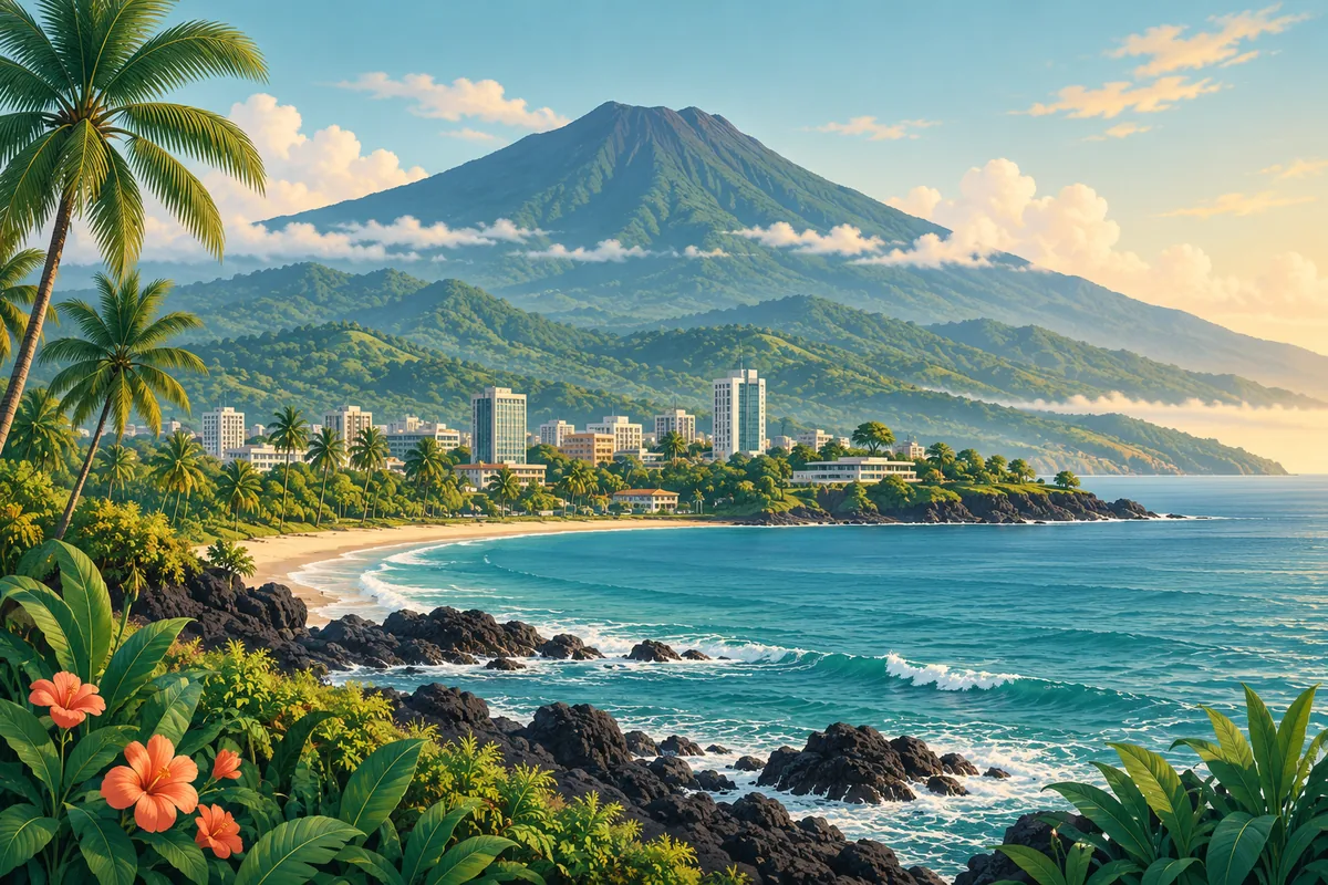 Symbolic illustration of Mount Cameroon, lush green foothills and a tropical coastal scene, representing Cameroon