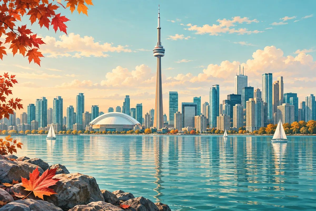 Symbolic illustration of Toronto's CN Tower and Lake Ontario, with a small autumn maple leaf motif, representing Canada