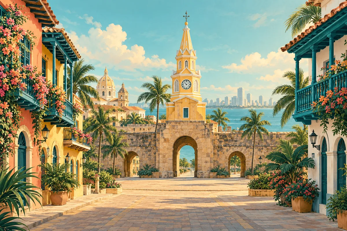 Symbolic illustration of Cartagena's Clock Tower and colorful colonial streets, with Caribbean light, representing Colombia