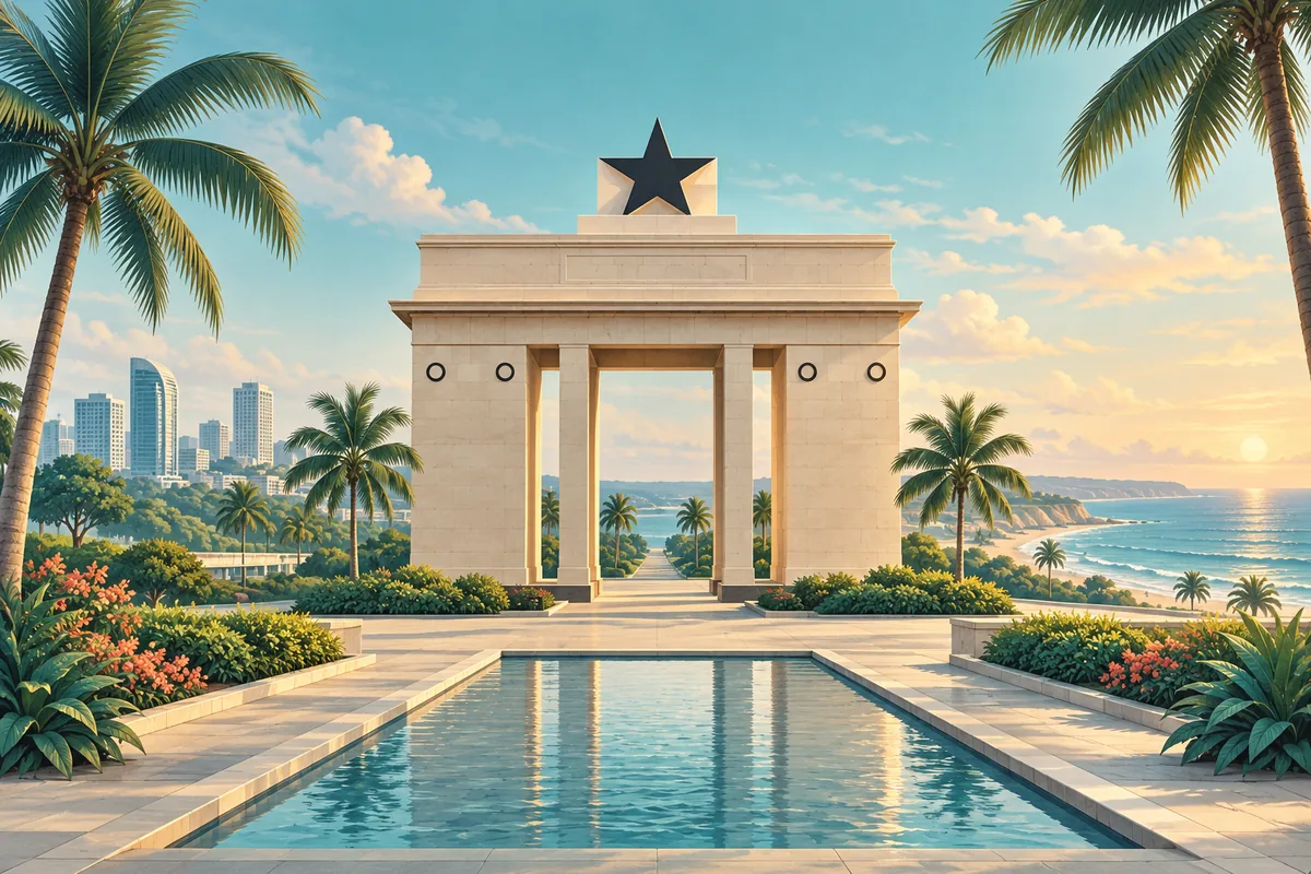 Symbolic illustration of Accra's Independence Arch and a warm coastal setting, representing Ghana