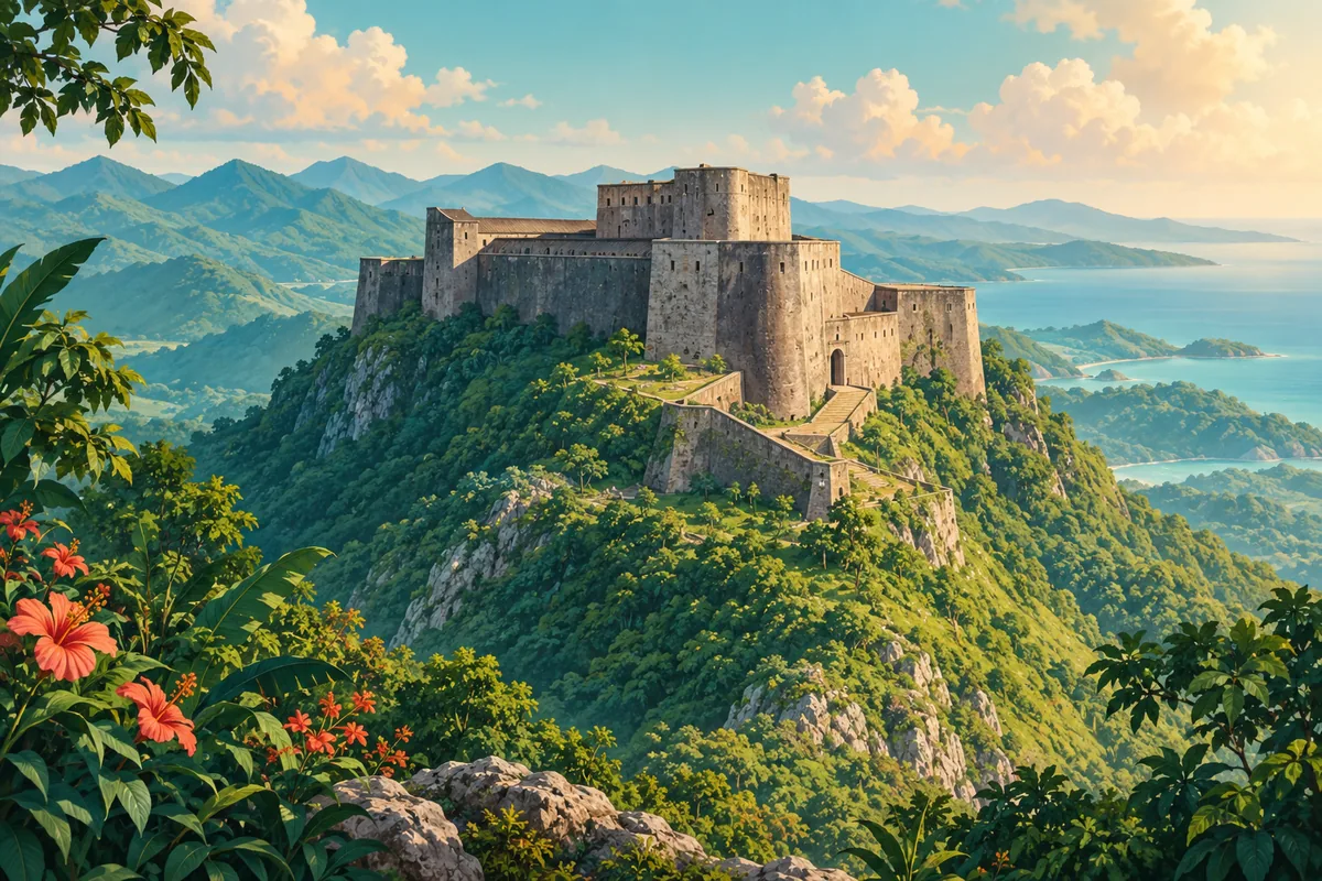 Symbolic illustration of the Citadelle Laferriere on a green mountain ridge, with warm Caribbean light, representing Haiti