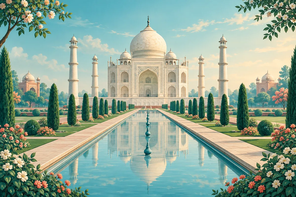 Symbolic illustration of the Taj Mahal, its reflecting pool and carefully proportioned surrounding gardens, representing India