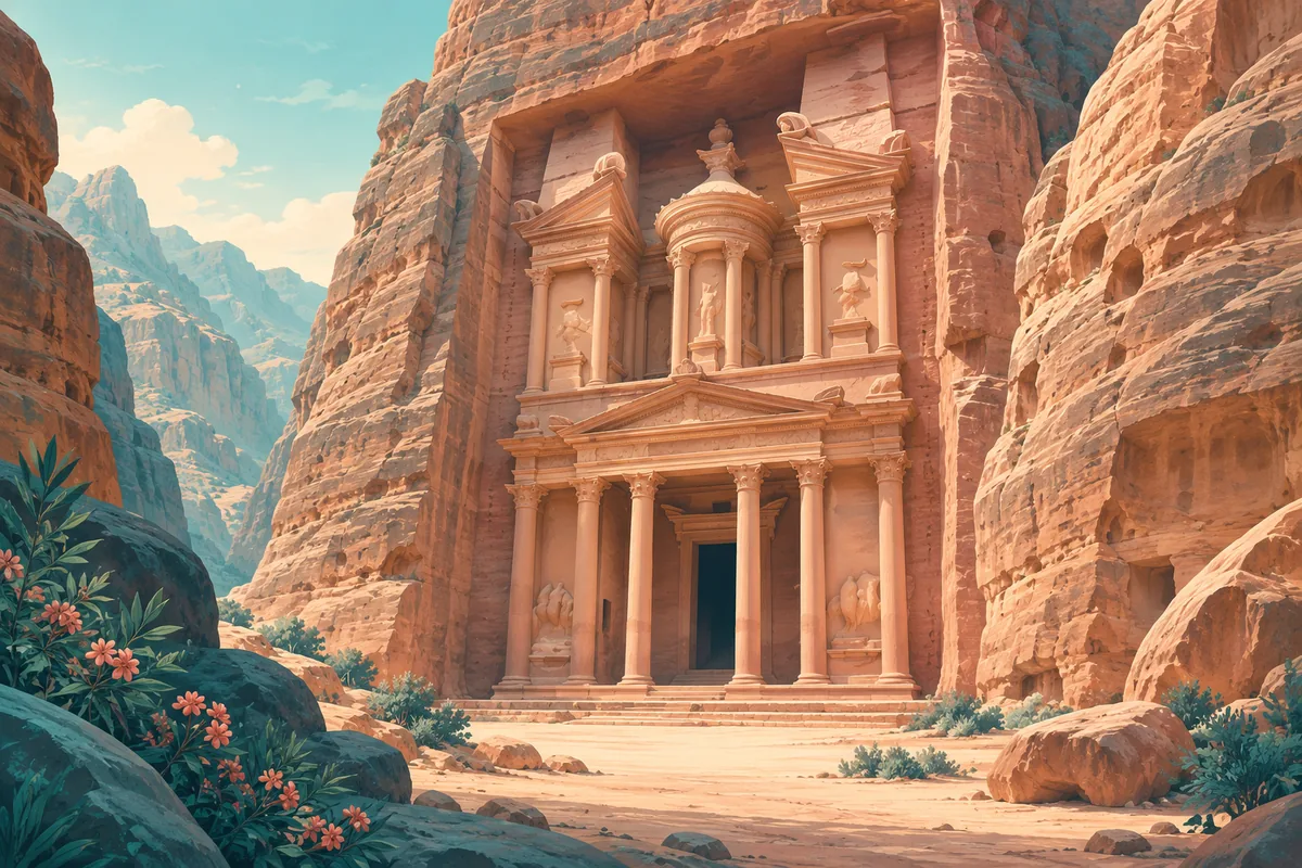 Symbolic illustration of Petra's Treasury carved in sandstone, with surrounding rock forms, representing Jordan