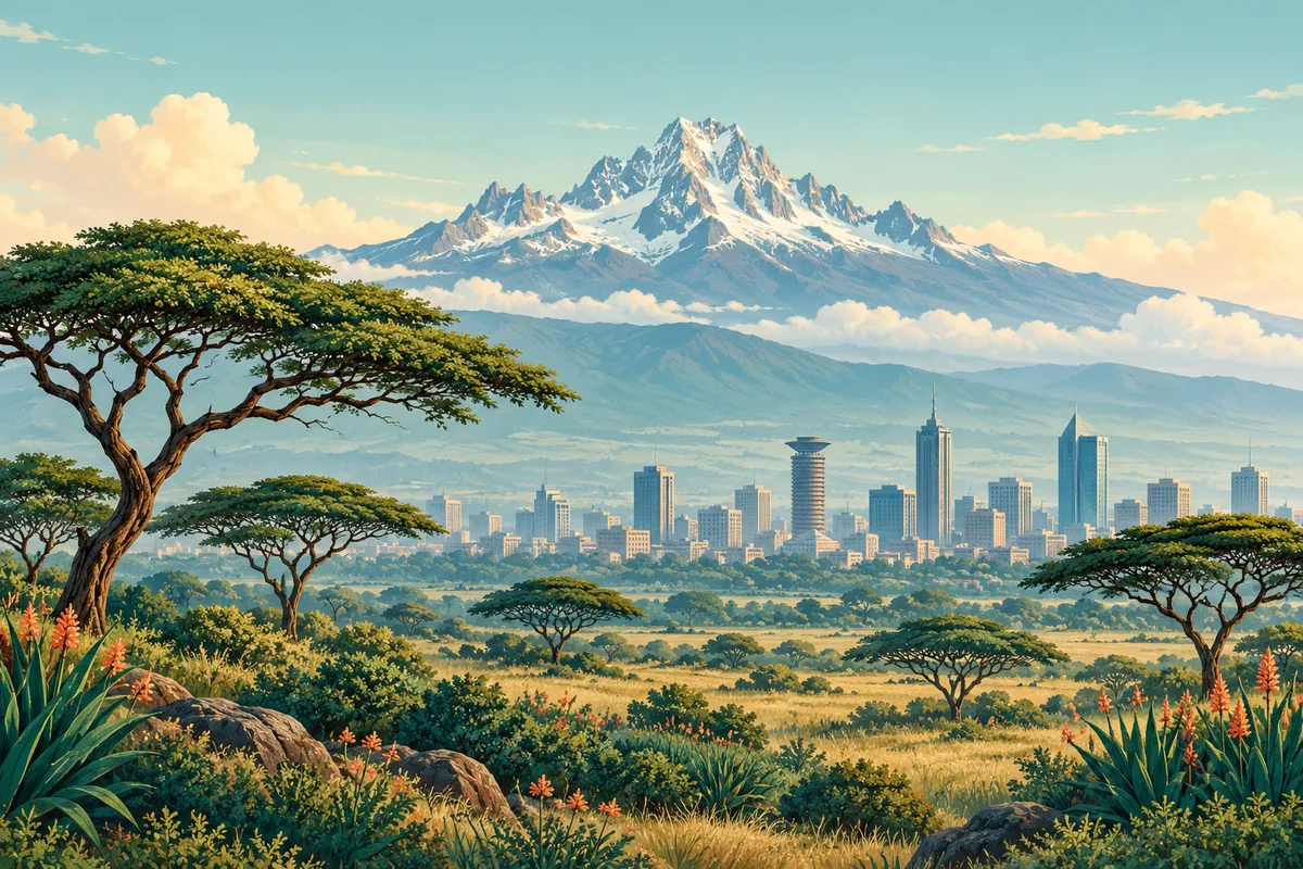 Symbolic illustration of Mount Kenya, acacia trees and a softly suggested Nairobi skyline, representing Kenya