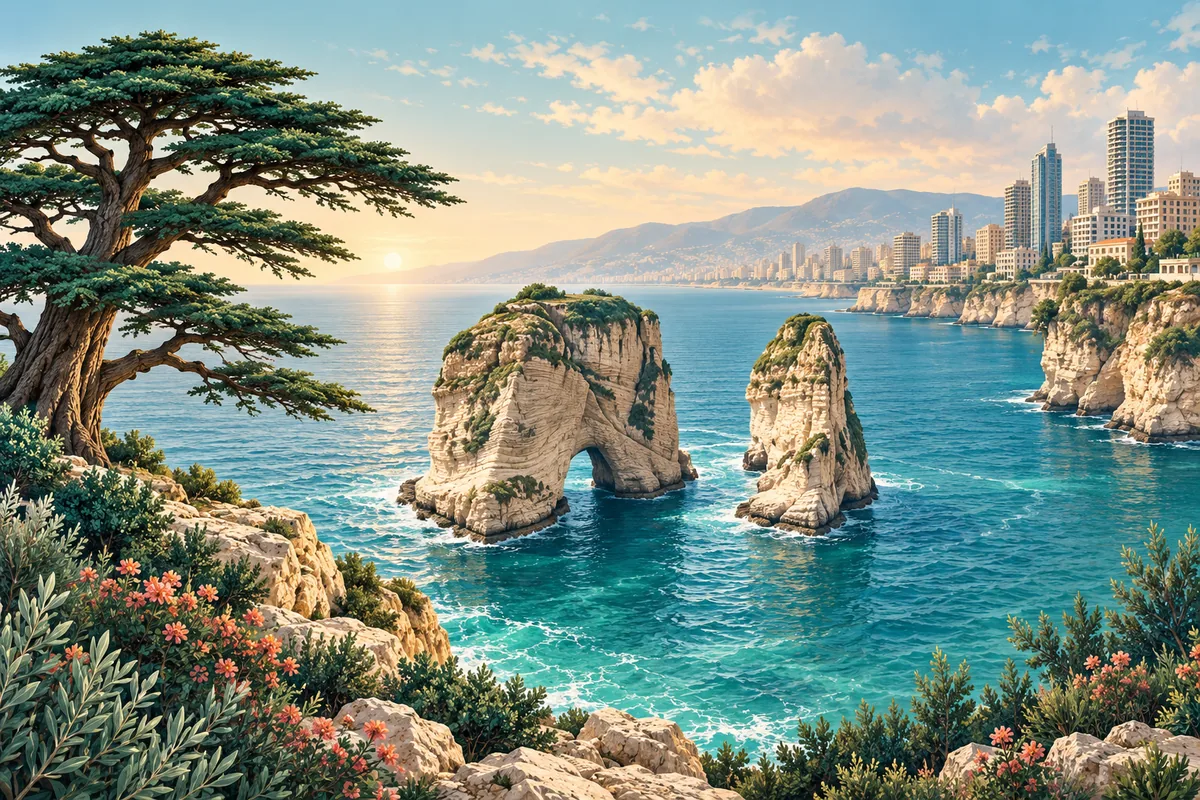 Symbolic illustration of Beirut's Raouche sea rocks and a cedar tree motif, representing Lebanon
