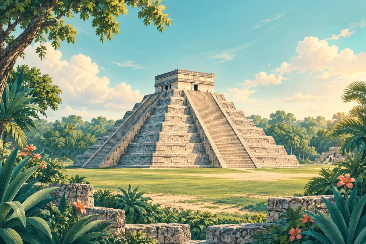 Symbolic illustration of Chichen Itza's El Castillo pyramid and warm Yucatan greenery, representing Mexico