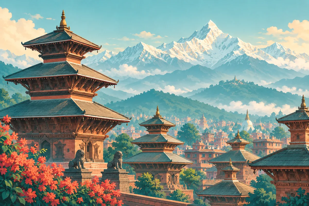 Symbolic illustration of Kathmandu pagoda roofs and a distant Himalayan mountain backdrop, representing Nepal