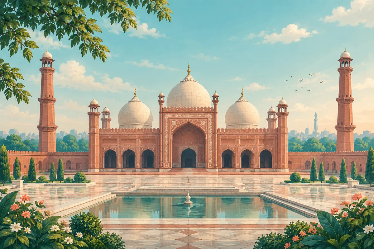 Symbolic illustration of Lahore's Badshahi Mosque domes and courtyard, in a refined architectural composition, representing Pakistan