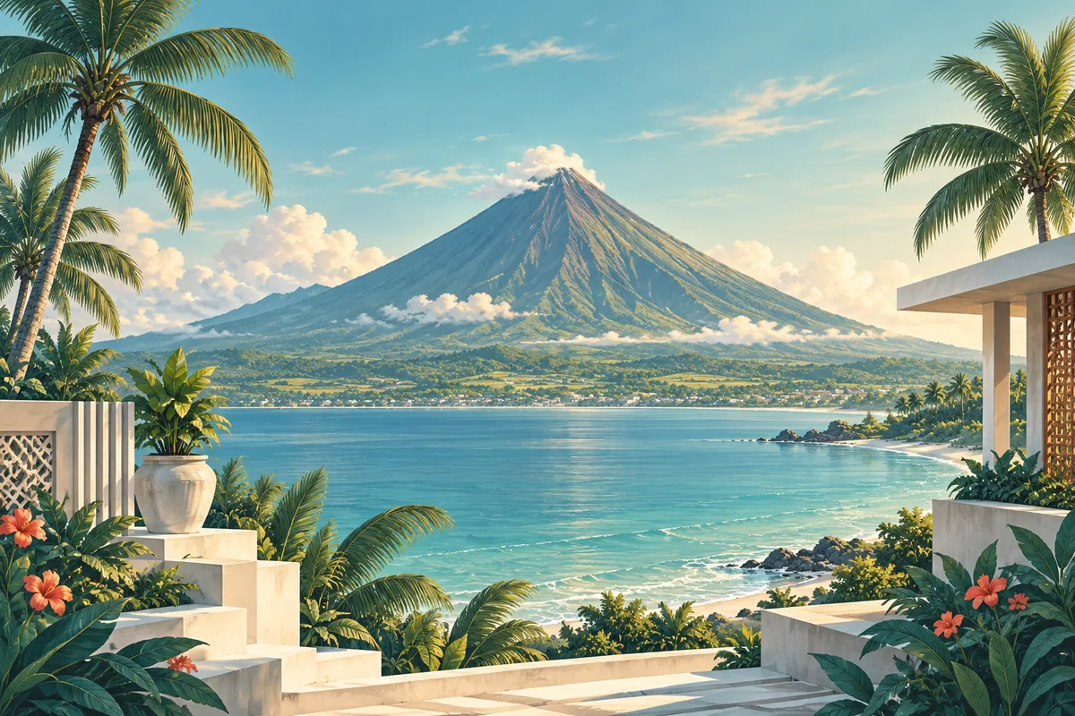 Symbolic illustration of Mayon Volcano's elegant cone, palms and a calm tropical shore, representing the Philippines