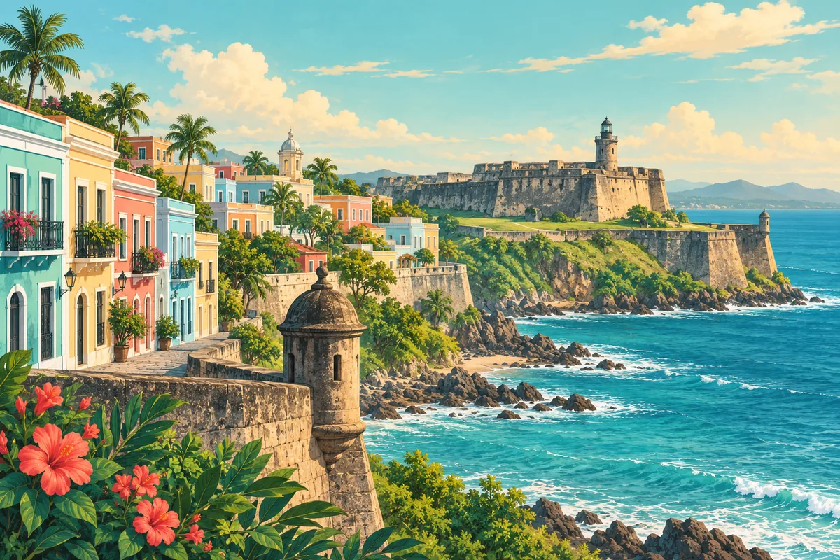 Symbolic illustration of Old San Juan's colorful buildings and the El Morro coastal fort, representing Puerto Rico