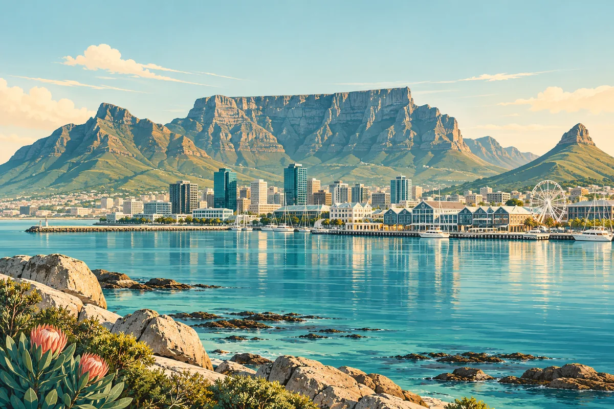 Symbolic illustration of Cape Town's Table Mountain and a calm Atlantic waterfront, representing South Africa