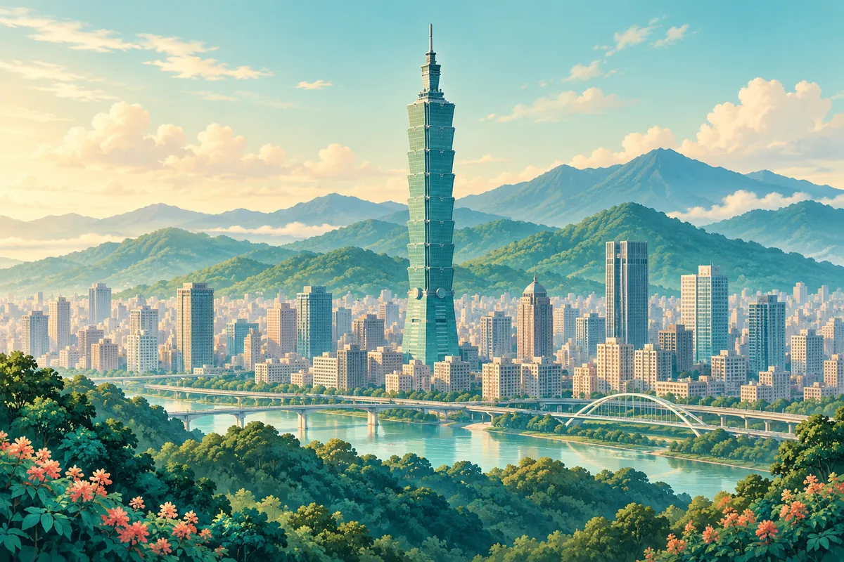Symbolic illustration of Taipei 101 and a soft green mountain backdrop, representing Taiwan