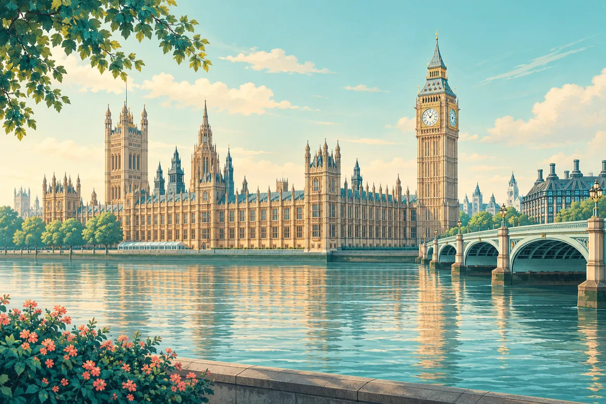 Symbolic illustration of London's Elizabeth Tower and Westminster beside the Thames, representing the United Kingdom