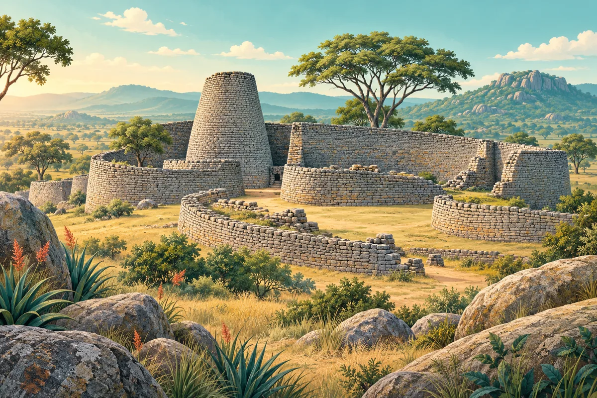 Symbolic illustration of the distinctive dry-stone Great Zimbabwe ruins, with a gentle savanna setting, representing Zimbabwe