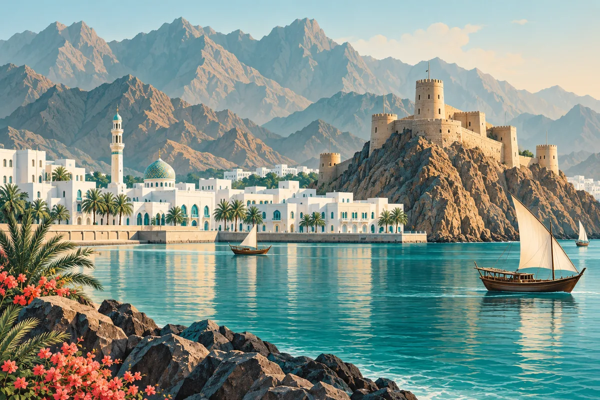 Symbolic illustration of Muscat’s coastal fort, white buildings and Hajar mountains