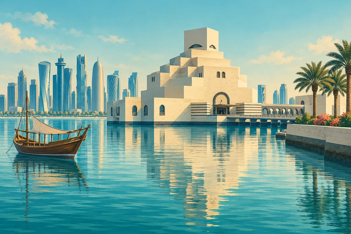 Symbolic illustration of Doha’s Museum of Islamic Art and a dhow on the waterfront
