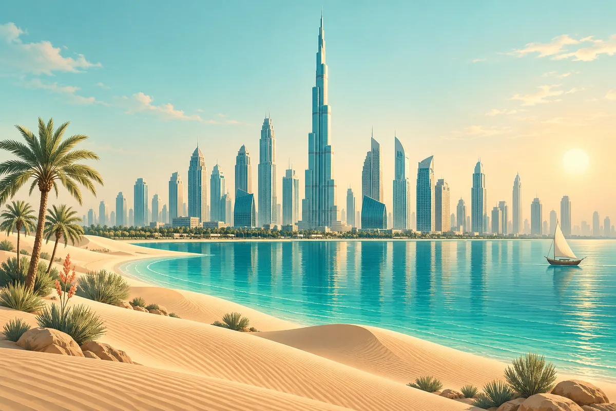 Symbolic illustration of Dubai’s Burj Khalifa skyline, Gulf water and desert dunes