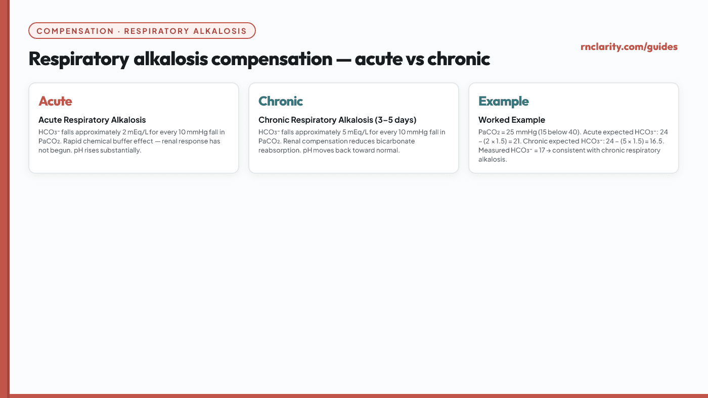 Animated diagram comparing acute versus chronic respiratory alkalosis compensation. Acute: HCO3- falls 2 mEq/L per 10 mmHg PaCO2 decrease. Chronic: HCO3- falls 5 mEq/L per 10 mmHg PaCO2 decrease. Worked example with pH comparison.