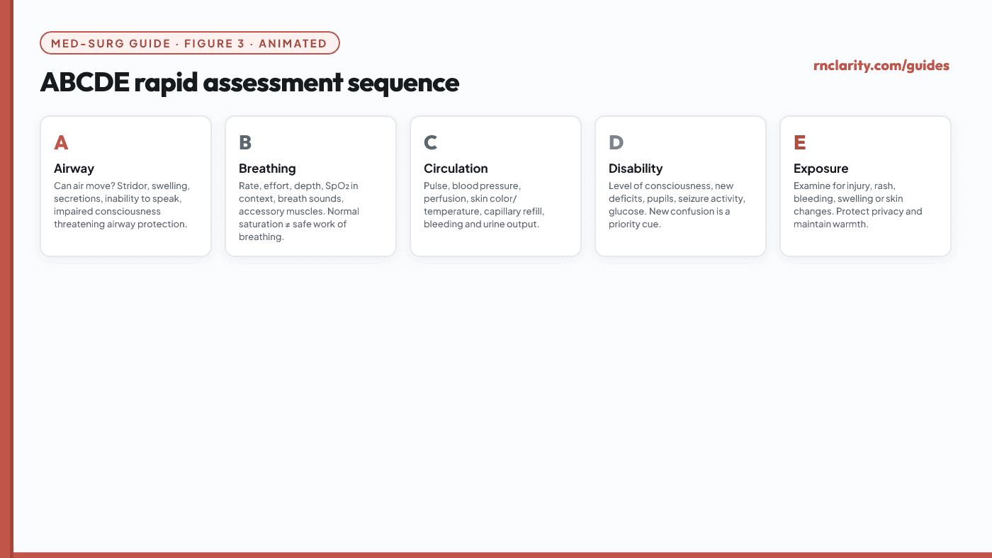 Animated ABCDE rapid assessment sequence — Airway, Breathing, Circulation, Disability, Exposure — each step highlighted in turn with key nursing observations.