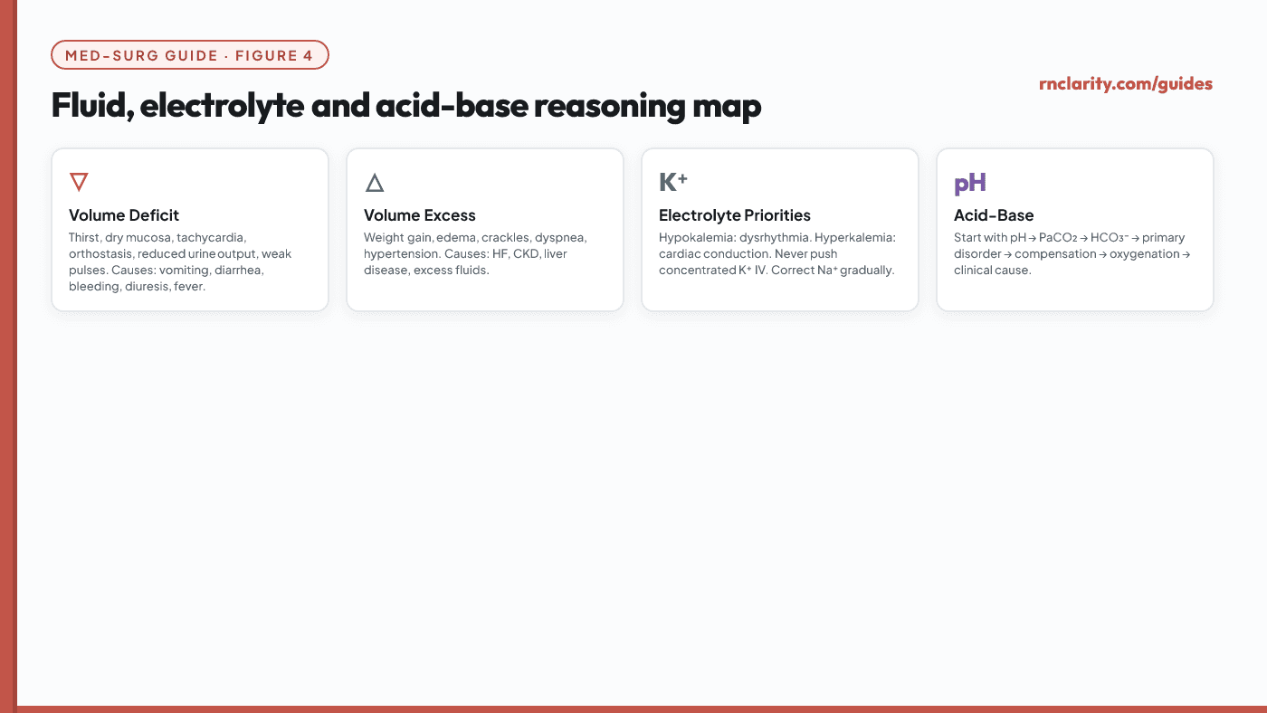 Animated fluid, electrolyte and acid-base reasoning map showing volume deficit and excess causes, high-yield electrolyte patterns and acid-base interpretation priorities.