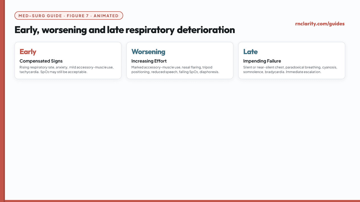 Animated progression from early to worsening to late respiratory deterioration — showing key assessment findings at each stage and escalation thresholds.