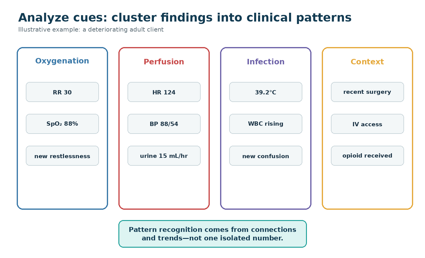Diagram illustrating cue clustering across clinical domains. Client findings are grouped into clusters labeled oxygenation, perfusion, infection, neurological status, and fluid balance, with arrows showing how multiple cues within each cluster point toward a unified clinical pattern.
