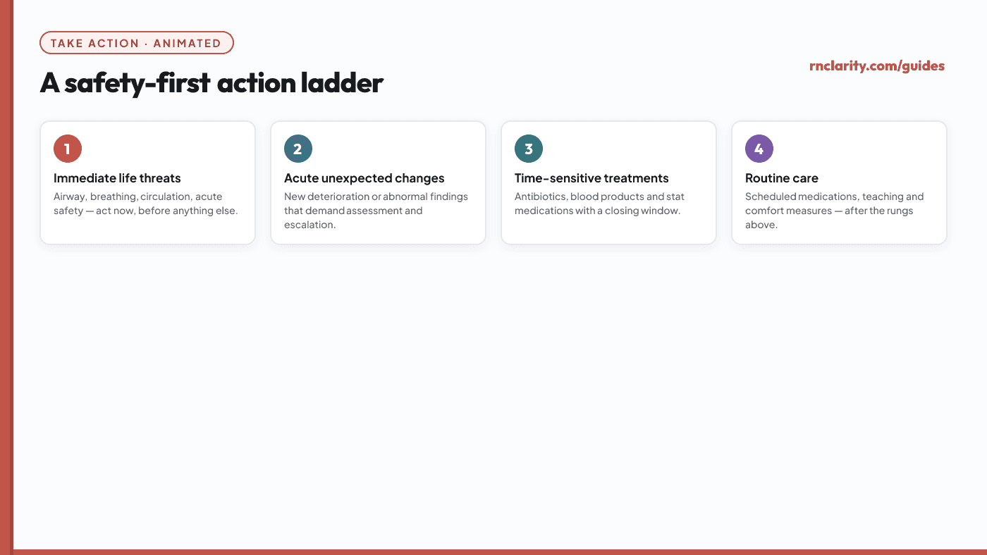 Animated action ladder showing immediate life threats at the top rung, then acute unexpected changes, then time-sensitive treatments, then routine care at the base.