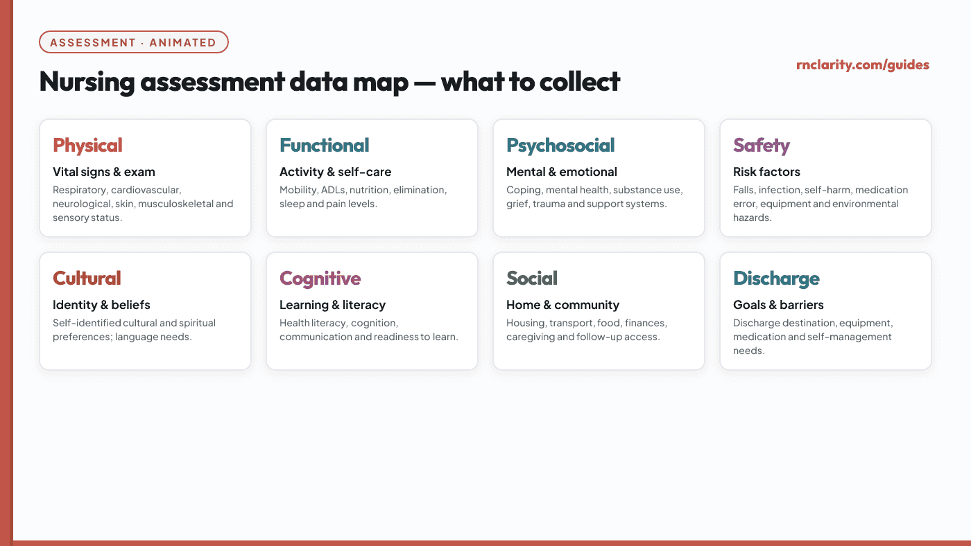 Animated assessment data map showing categories of information collected during a nursing assessment, including physical, psychosocial, functional, safety, cultural and discharge domains.