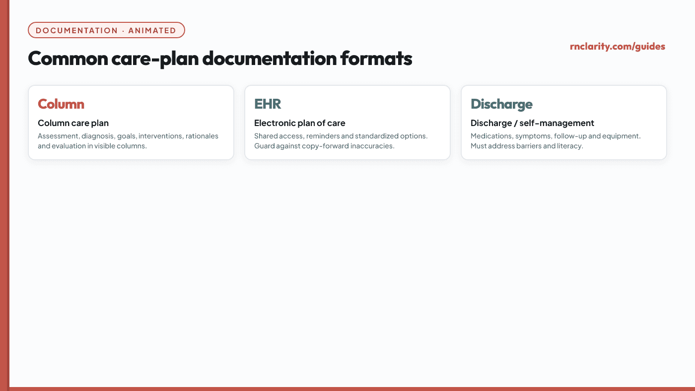 Animated documentation formats overview showing three format cards sliding in: column care plan, electronic plan of care, and discharge or self-management plan.