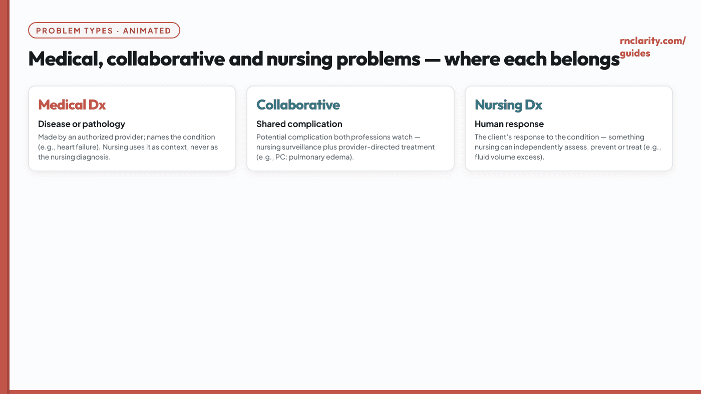 Animated Venn diagram showing medical diagnosis on the left, nursing diagnosis on the right, and collaborative problems in the overlapping centre.
