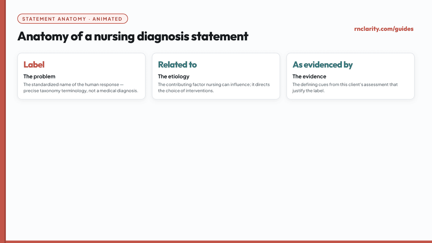 Animated diagram labelling the anatomy of a nursing diagnosis statement: the problem label, the related factor or etiology, and the defining cues.